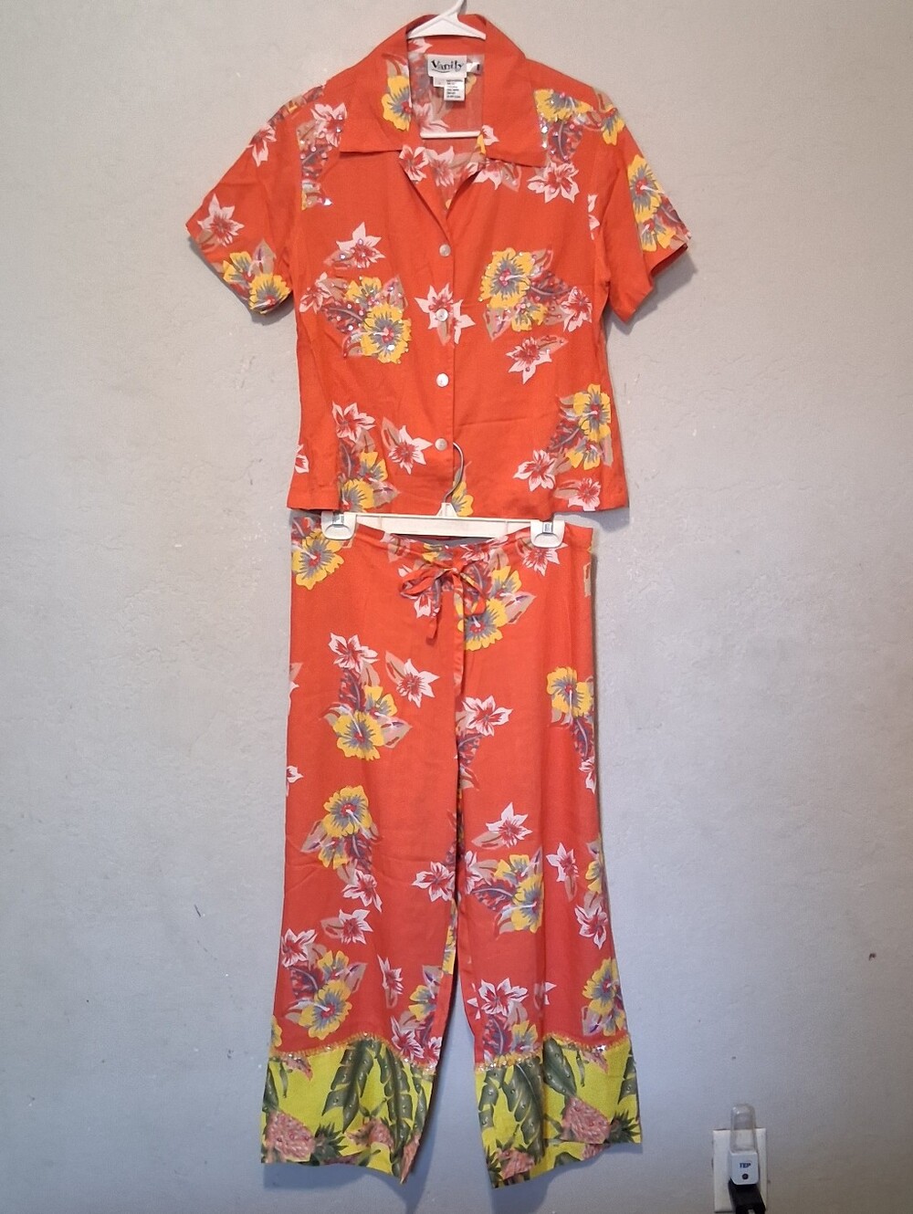 Vanity Tropical Set Wide Leg Crop Pant SzS Top:M Orange Button Fron Women Resort